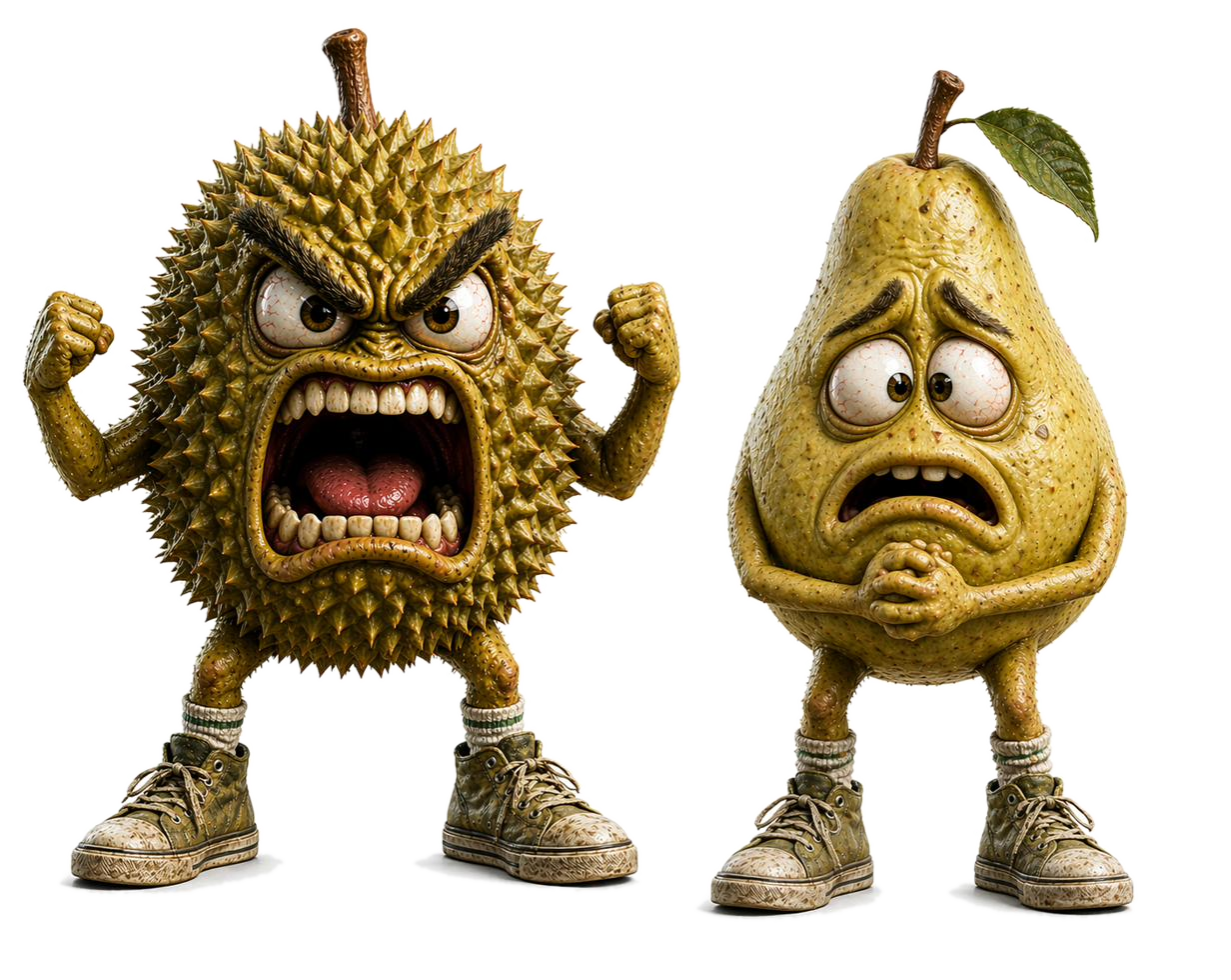 Durian Danger and Pear Panic, the two 3D fruit characters of Freshly Unstable